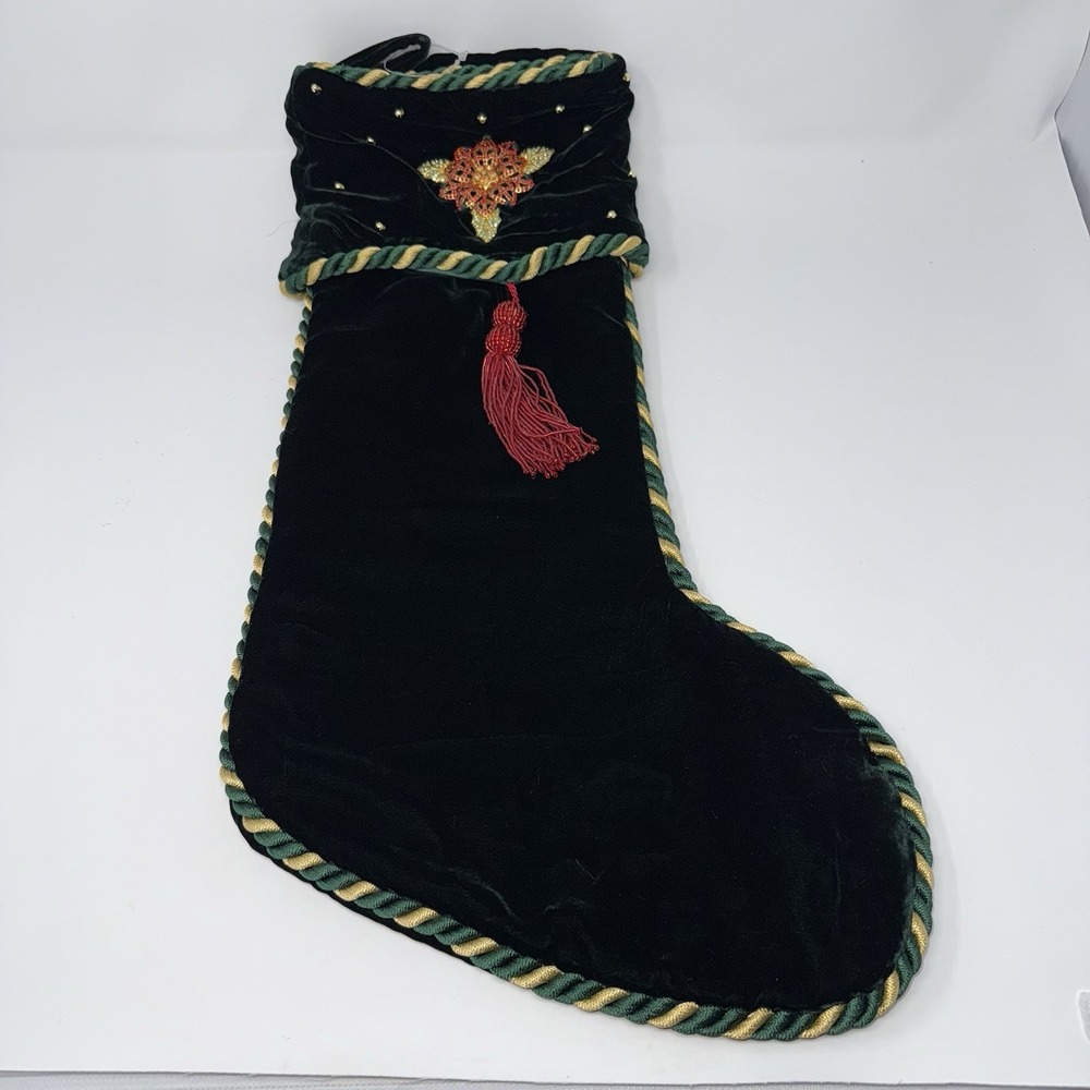 Vintage Green Velvet Christmas Stockings w/Tassels And Rhinestones Set of 2